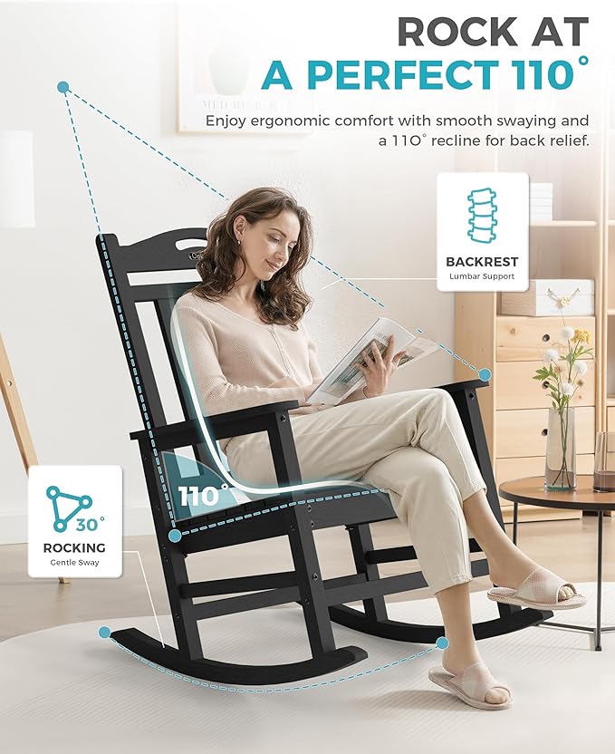 Ciokea Oversized Outdoor Rocking Chair, 380lbs Heavy-Duty Large Patio Rocker, Weather Resistant & Anti-Fade Porch Chair, High Back Cozy Rocking Chair for Outside, Fire Pit, Deck, Garden, Black
