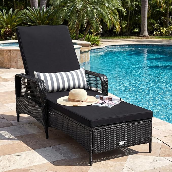 Tangkula Wicker Chaise Lounge Outdoor, Patio Rattan Reclining Chaise with 6-Gear Adjustable Backrest, Thick Padded Cushion & Removable Lumbar Pillow, Pool Lounge Chairs (1, Black + Black)