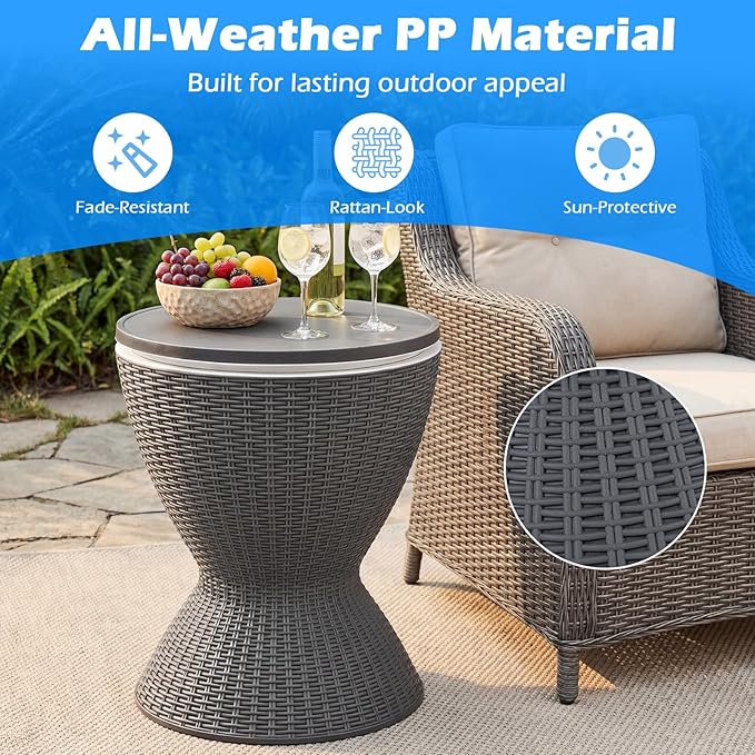 Tangkula Outdoor Cool Bar Table, Rattan Patio 8 Gallon Beer & Wine Cooler, All-Weather Ice Bucket w/Height Adjustable Top, Drainage Plug, 3-in-1 Cocktail Bar Table for Party, Barbecue, Picnic (Grey)
