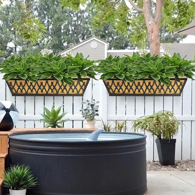4 Pack 24 Inch Window Boxes Planters for Outdoor Plants Railing Planter Box with Adjustable Brackets for Windowsill Porch Fence Patio Hanging Flower Coco Baskets for Outside Decoration - Black