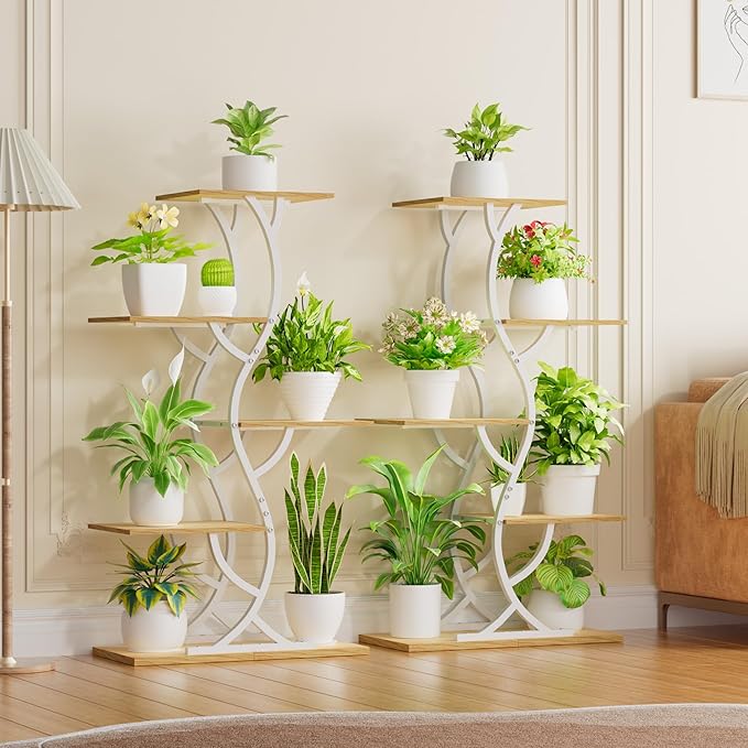 Plant Stand Indoor with Grow Lights - 44" Tall Corner Plant Stands for Indoor Plants, 5 Tiered Metal Plant Shelf, Curved Plant Flower Holder Dispaly Rack for Living Room, Home Patio Balcony (White)