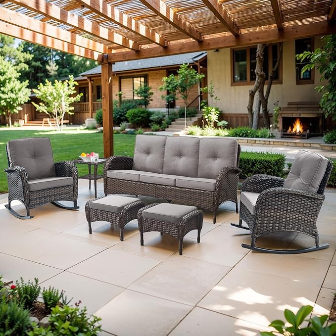 Belord Outdoor Ottomans for Patio Foot Rest - 25 Inch PE Wicker Foot Stool Set of 2 with Removable Cushions for Patio Furniture Sets,All Weather Rattan Ottoman for Balcony Deck Backyard Brown