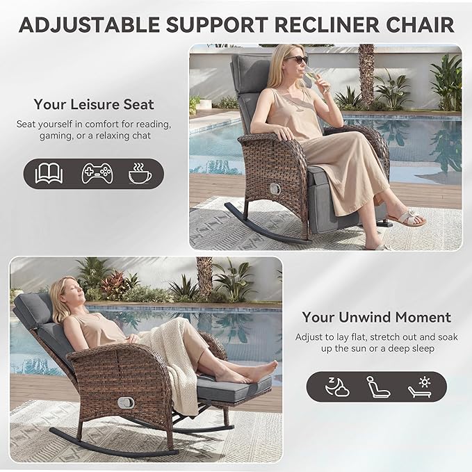 3 Pieces Zero Gravity Wicker Patio Rocking Recliner Chairs Set of 2 - Wicker Outdoor Lounge Chair with Side Table, Adjustable Backrest & Footrest, High Back Outdoor Recliner Chair for Pool Deck Gray