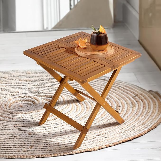 Idzo Mira Acacia Wood Folding Bistro Side Table Outdoor, 19.5 Inch x 19.5 Inch, Heavy Duty 200 Lbs Capacity Loading, Space-Saving for Garden & Balcony, No Assembly