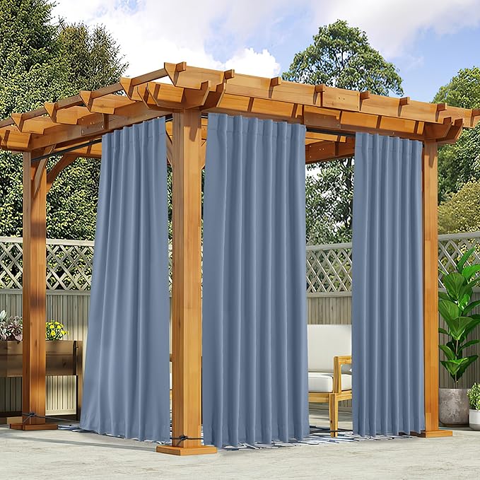 NICETOWN 2 Panels Outdoor Curtains Waterproof Pocket & Back Tab on Top & Bottom, Thermal Insulated Fixed Windproof Outdoor Drapes Privacy for Patio with Rope for Fixed, W52 x L95, Stone Blue