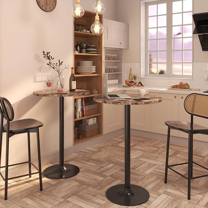 Furmax Bistro Pub Table Round Bar Height Cocktail Table for Home Bar, Round Bar Tables for Party, Dining Room, Living Room and Wedding, Metal Base MDF Top Obsidian, 40.6 Inch Height (4, Faux Marble)