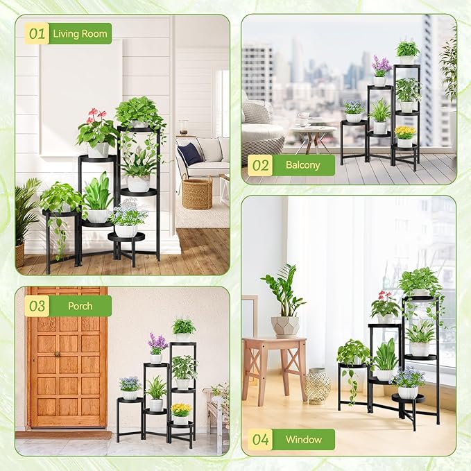 iDavosic.ly Plant Stand Indoor Outdoor, 6 Tier Corner Metal Flower Display Holder Shelf, Easy Assembly Folding Tall Orchid Rack for Patio Balcony Porch Garden Living Room House, Black
