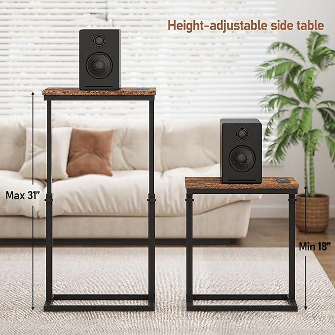TUTOTAK End Table with Charging Station, Side Table, Tall Couch Table, Sofa Table, Living Room, Bedroom,Brown TB01BB084