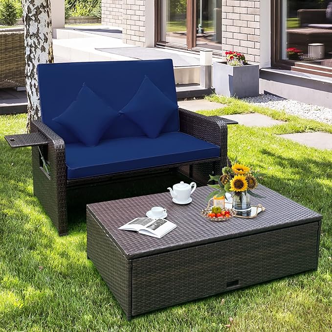 HAPPYGRILL Patio Rattan Wicker Daybed with Loveseat & Storage Ottoman, Outdoor Lounge Sofa Furniture Set with Adjustable Backrest & Side Trays, for Poolside Deck Porch Lawn (Mix Brown & Navy)
