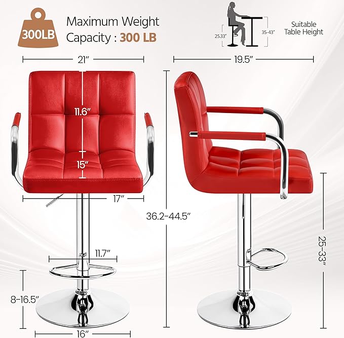 Yaheetech Bart Stools Set of 4, PU Leather Adjustable Barstools with Armrest, Counter Height Stool Chairs with Thickened Seat Cushion for Kitchen Island, Red