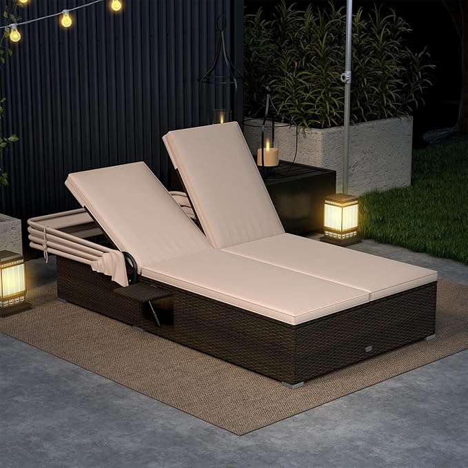 Tangkula Outdoor Rattan Daybed with Canopy & 6-Level Adjustable Backrests, 2-Person Wicker Recliner Bed with Cushions & Folding Side Trays, Double Sunbed Lounger for Balcony, Backyard & Poolside