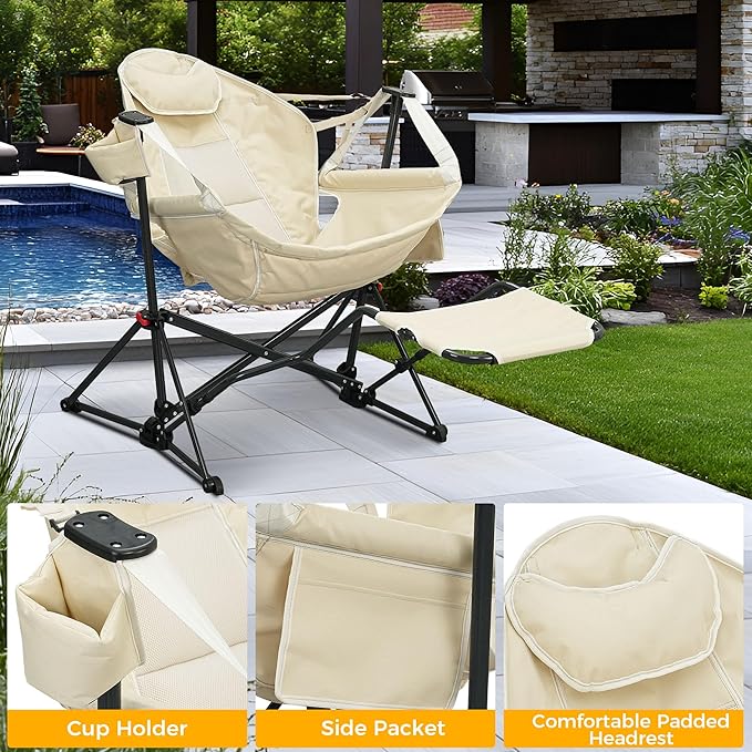Ainfox Hammock Chair with Footrest, Oversized Swinging Portable Folding Camping Chairs for Adults Outside Swinging Camp with Cup Holder Pillow for Outdoor Patio Lawn Beige