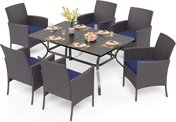 PHI VILLA 7 Piece Outdoor Dining Set for 6, Rectangular Wrought Iron Dining Table with Umbrella Hole & Cushioned Rattan Wicker Chairs for Patio, Deck, Yard, Porch