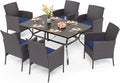 PHI VILLA 7 Piece Outdoor Dining Set for 6, Rectangular Wrought Iron Dining Table with Umbrella Hole & Cushioned Rattan Wicker Chairs for Patio, Deck, Yard, Porch