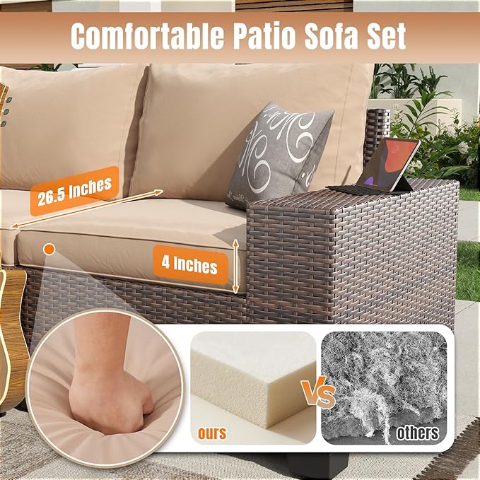Aoxun 12 Pieces Patio Furniture Set Wicker Rattan Outdoor Sectional Conversation Set with Coffee Table and 4” Thickened Cushions, Beige (Waterproof Cover Included)