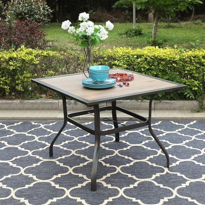 PHI VILLA Patio Dining Table for Outside, 37" x 37" Square Outdoor Dining Table for 4, Premium PVC Table Top with 1.57" Umbrella Hole and Metal Frame