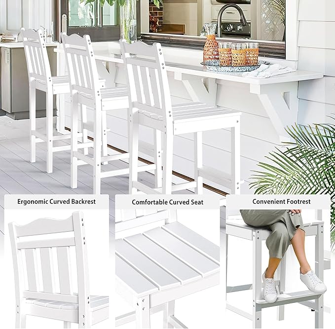 nalone Outdoor Bar Stool, HDPE Tall Adirondack Chair Bar Chair, Weather Resistance Bar Height Chairs for Balcony, Garden, Yard, Backyard (White, Bar Chair)