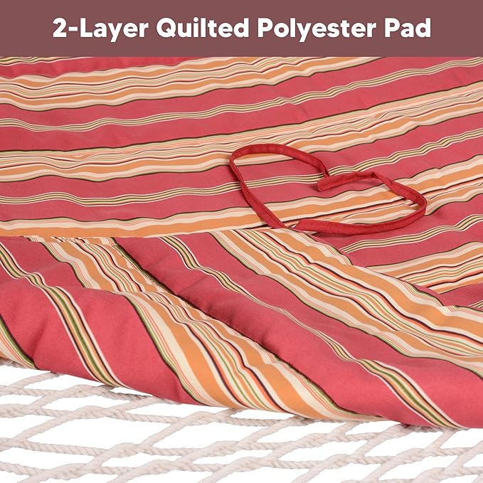SUNCREAT Two Person Rope Hammock with Pad, Hanging Tree Double Hammock with Large Pillow, Hardwood Spreader Bar, Red Stripe