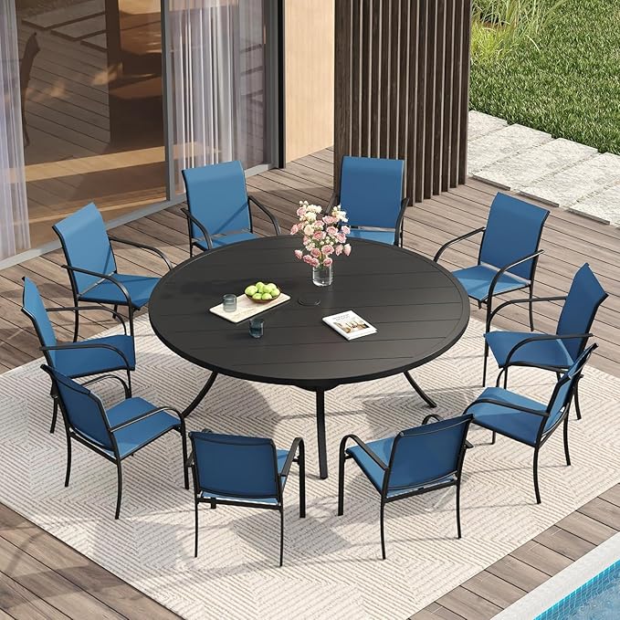 VICLLAX Large Patio Dining Furniture Set, Outdoor Dining Set for 10-60" Round Outdoor Table and Patio Stackable Chairs, Black Tabletop and Blue Fabric