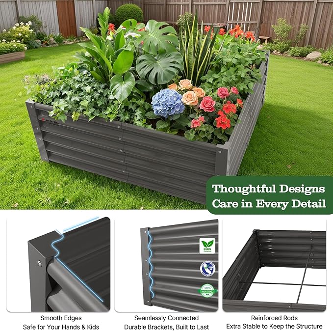 A ANLEOLIFE Set of 6, 18 Inch Tall Quartz Grey Raised Garden Beds Kit, Rectangular & Square Metal Planters for Structured Garden Layouts