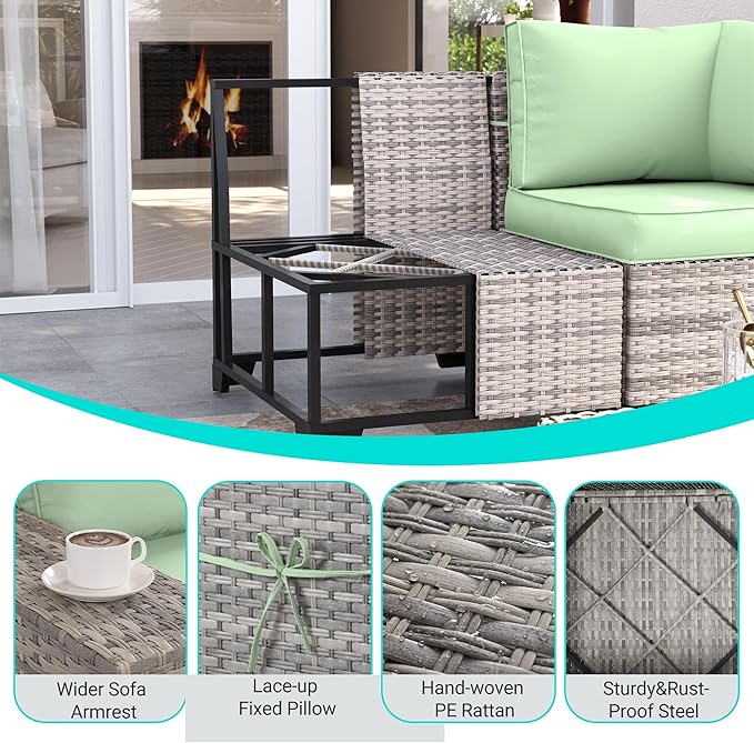 10-Piece Outdoor Patio Furniture Set with Rocking Swivel Chair, PE Wicker Rattan Sectional Sofa Patio Conversation Set with 55,000 BTU Fire Pit Table & Coffee Table, Light Green