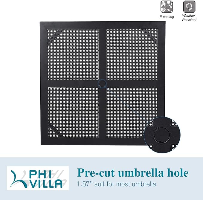 PHI VILLA 5 Pieces Outdoor Dining Set for 4, 37” Black Square Metal Steel Table with Mesh Top & Stackable Wrought Iron Chairs, Outside Furniture Set for Patio, Deck, Backyard, Porch