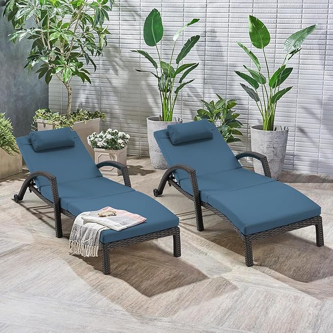 HOMREST Chaise Lounge Chairs Set of 2, PE Rattan Wicker Patio Lounge Chair with Adjustable 5 Position, Arm and Wheels for Poolside Backyard Deck Porch,Dark Blue