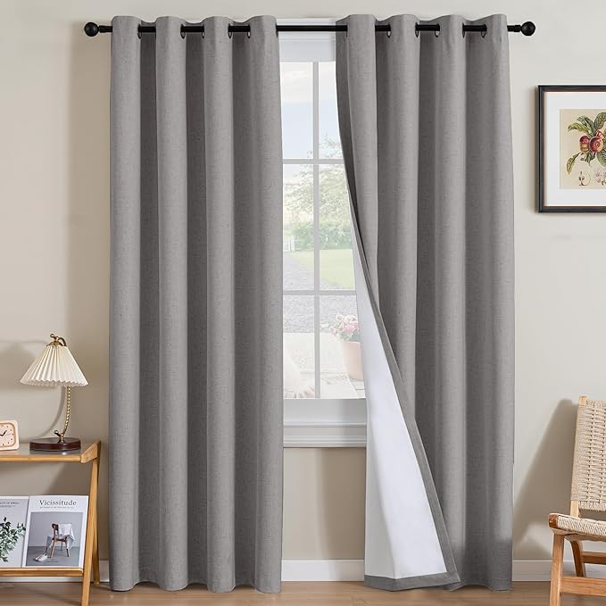 H.VERSAILTEX Linen Curtains 100% Blackout Curtains for Bedroom 84 inch Long Full Light Blocking Nature Linen Blended Window Curtains for Living Room Nickel Grommet (2 Panels, Heathered Dove)