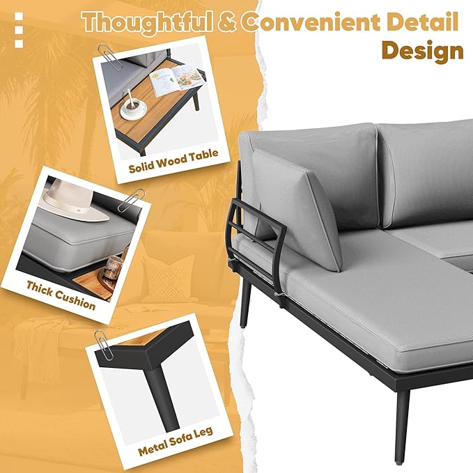 Greesum Outdoor Sectional Sofa Set L-Shaped Metal Patio Furniture with All-Weather Cushions and Built-in Side Coffee Table for Garden, Lawn, Backyard, Poolside, Gray