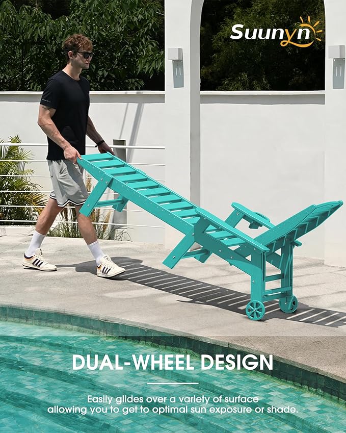 Lounge Chair Outdoor Set of 2, HDPE Chaise Lounge Outdoor with 6-Position & Wheels &Cup Holder, Pool Lounge Chair for Pool Poolside Deck Backyard Patio, Lake Blue