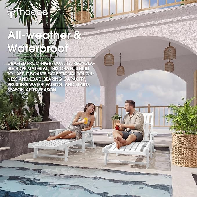 Patio Chaise Lounge Chair Set of 4, Oversized Lounge Chair Outdoor with 5 Positions, HDPE, Patio Lounge Chair with Wheels & Cup Holder for Pool, Deck, Poolside,White