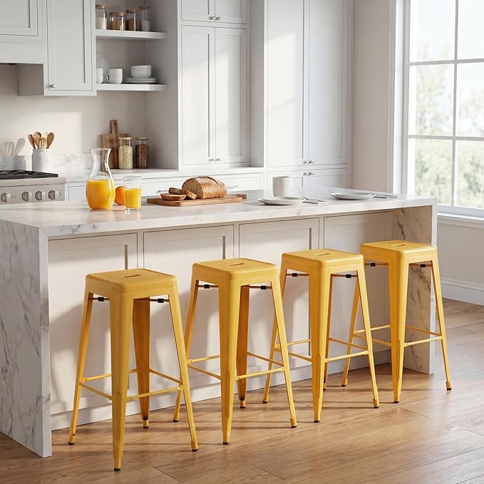 Shahoo 30 Inches Metal Bar Stools Counter Height Stackable Backless Stools, Industrial Patio Stools Indoor Outdoor Metal Kitchen Stools Set of 4 (Yellow, 30'')