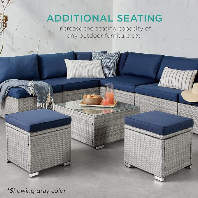Best Choice Products Set of 2 Wicker Ottomans, Multipurpose Outdoor Furniture for Patio, Backyard, Additional Seating, Footrest, Side Table w/Storage, Removable Cushions - Midnight Green/Brown