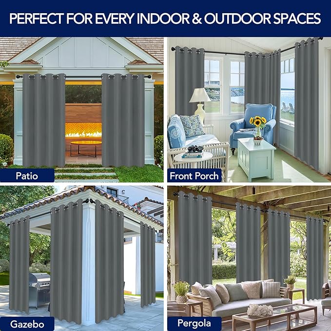 PureFit Outdoor Curtains for Patio Waterproof Weatherproof, UV Resistant Outside Curtains for Gazebo, Front Porch, Pergola, Sun Blocking Privacy Curtain, 52W x 120L inch, 1 Panel, Gray