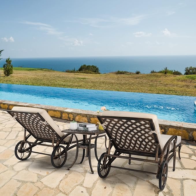 VINGLI Cast Aluminum Outdoor Chaise Lounge Chair with Wheels Set of 2, Patio Chaise Lounge with 3-Position Adjustable Backrest, Tanning Chair Reclining Chair for Poolside (2PCS, Bronze, with Cushion)