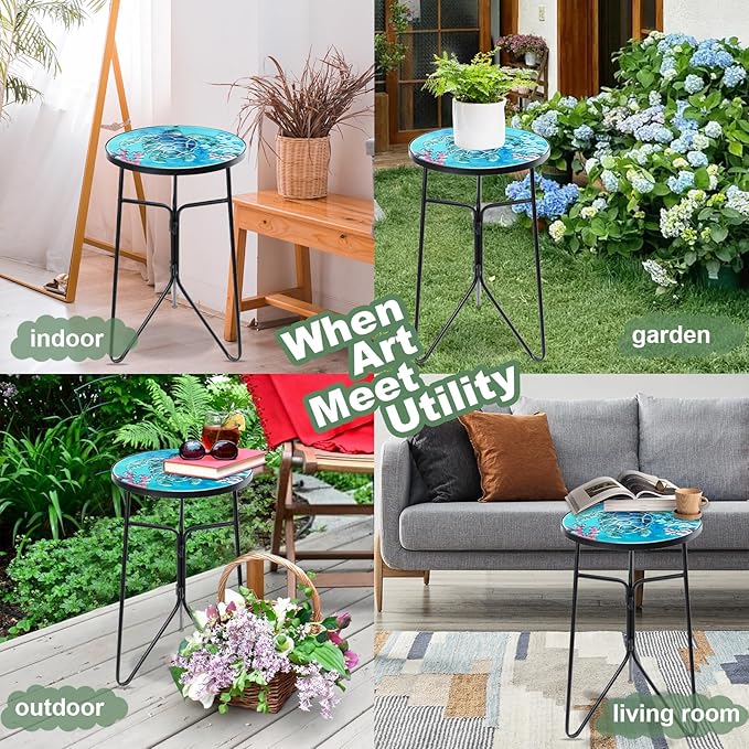 VCUTEKA Patio Side Table Outdoor Accent Table Bistro Coffee Table Plant End Table Small Porch Table Indoor Round Glass Balcony Plant Table Stands Sea Turtle 12''