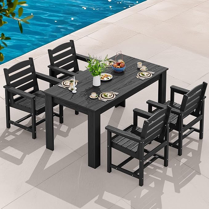 SERWALL HDPE Dining Set for 4, Outdoor Dining Sets for 4 Person with 1 Umbrella Hole Cut-Out Rectangular Table and 4 Chairs, Patio Dining Sets Black