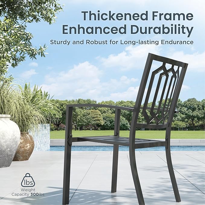 PHI VILLA 7 Piece Outdoor Dining Set for 6, 60” Rectangular Black Metal Table with Umbrella Hole & Stacking Wrought Iron Chairs, Outside Furniture Set for Patio, Deck, Backyard, Porch