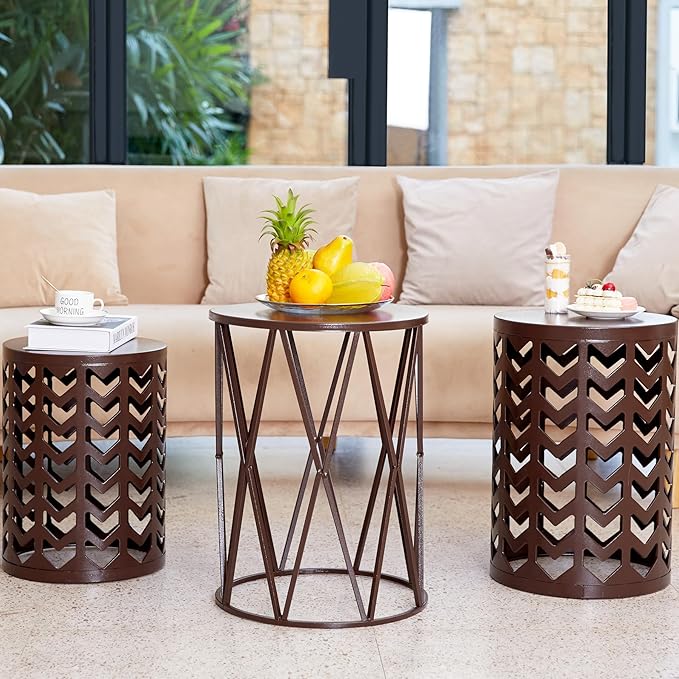 HFHOME Round Nesting Coffee Tables, Set of 3 End Tables for Living Room Balcony Office, Heavy Duty Metal Stacking Side Tables for Home Indoor - Brown