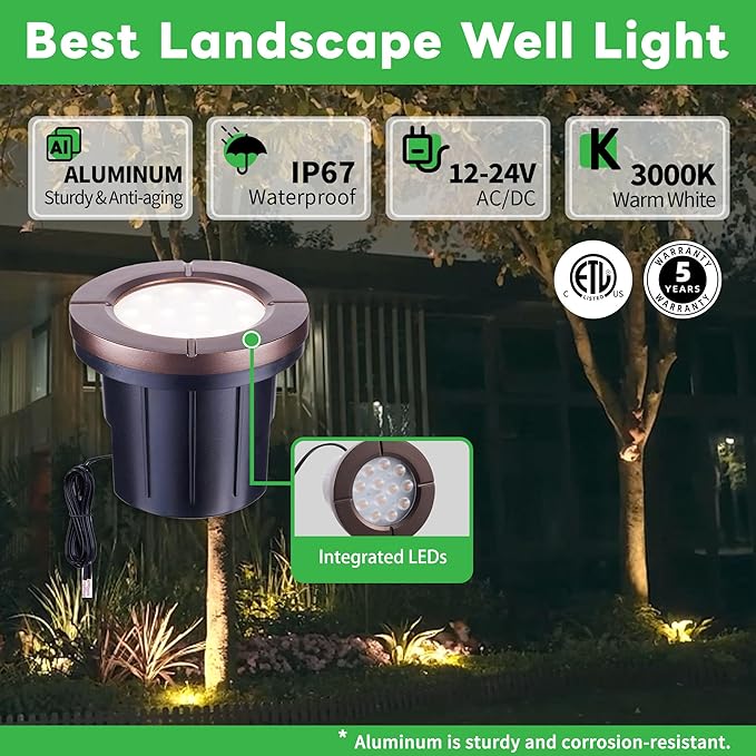 Landscape Well Light, LED Low Voltage In Ground Lights, IP67 Waterproof 12V Outdoor, Bright 6W 580LM Aluminum ORB for Sidewalk Driveway 6 Pack