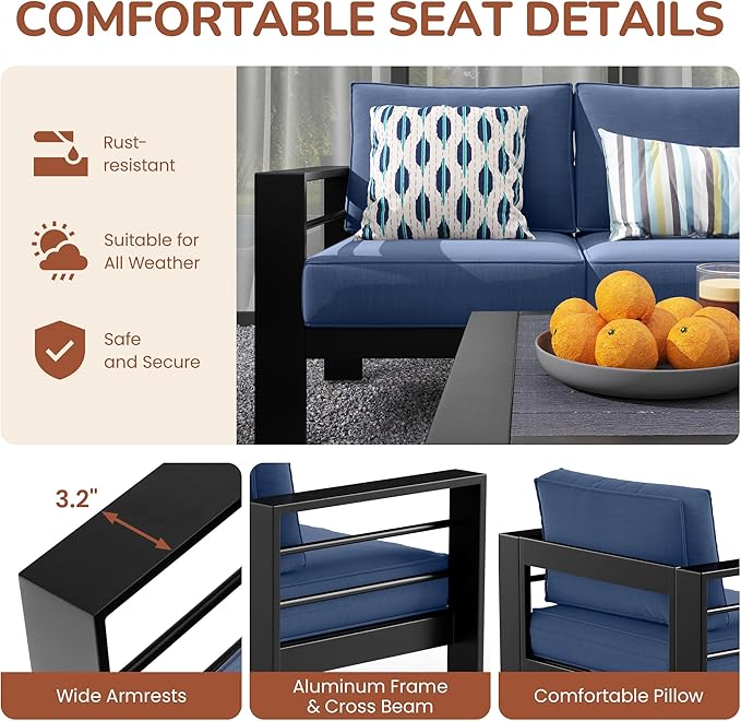 Solaste Aluminum Patio Furniture Set with 55 inch Fire Pit Table, 5 Piece Metal Outdoor Furniture with Water-Resistant Cushion, Modern Patio Conversation Set for Balcony, Front Porch, Backyard, Blue