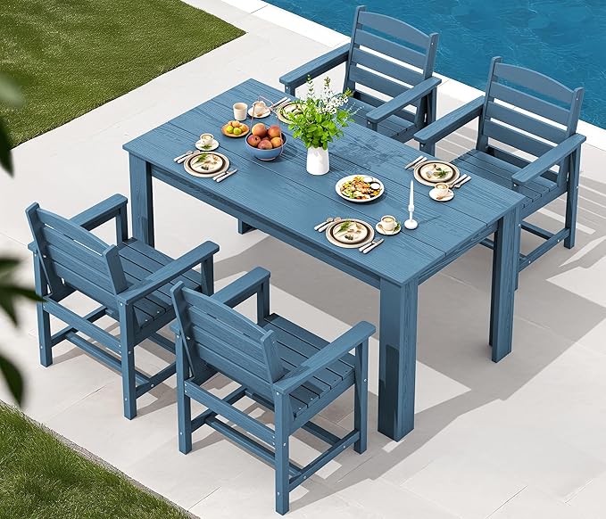 SERWALL HDPE Dining Set for 4, Outdoor Dining Sets for 4 Person with 1 Umbrella Hole Cut-Out Rectangular Table and 4 Chairs, Patio Dining Sets Blue