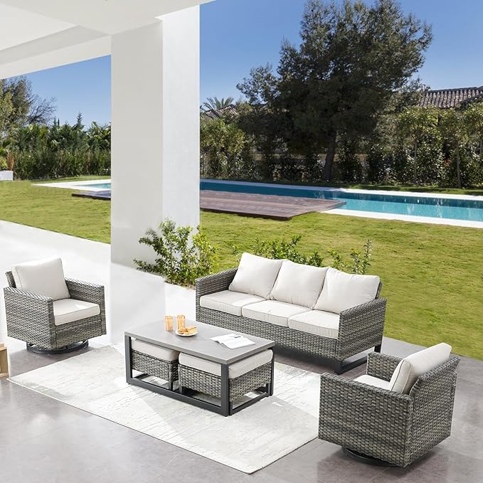 Belord 6 Piece Outdoor Furniture Patio Wicker Sofa Set, Oversize Outdoor Swivel Rocker Chairs with Rattan Ottomans, Conversation Sets Patio Furniture Come with Removable Washable Cushion