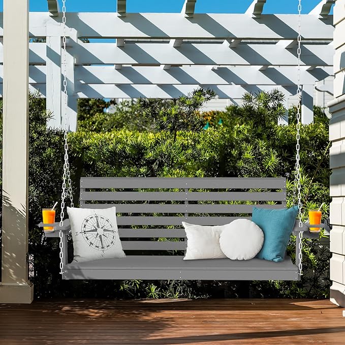 Plawdlik Porch Swings,2 Seat Patio Chair with Two Cup Holders,HDPE Waterproof Bench for Courtyard-Grey