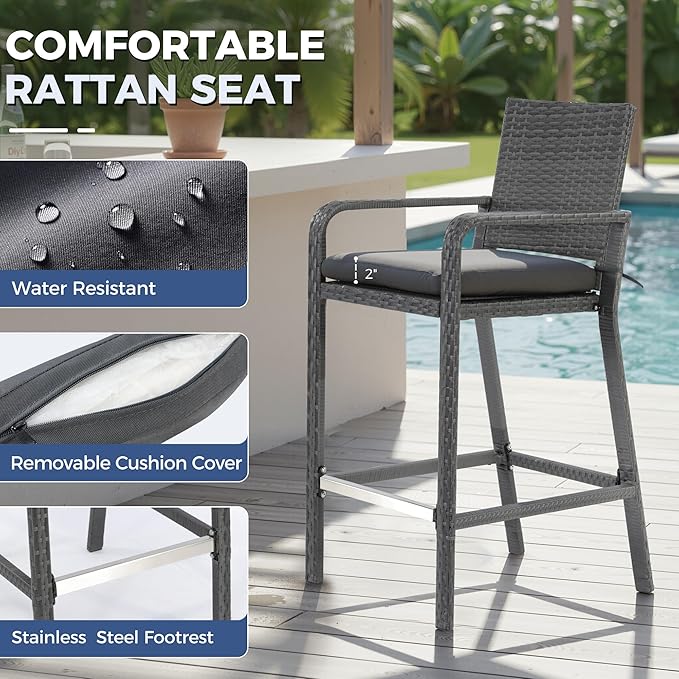 NICESOUL Wicker Outdoor Bar Set 5 Piece, 76" High Top Rattan Bar Table and Chairs Set of 4, Patio Counter Height Dining Table and Stools with Armrest & Cushions for Outside Backyard Poolside, Gray