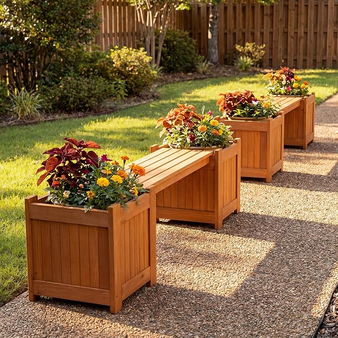 Giantex 2-in-1 Outdoor Bench with 2 Raised Garden Beds, Wood with Teak Oil Finish, Garden Bench Seat with Planter Boxes for Porch Balcony Lawn Yard, DIY Assembly, 42"x11"x11.5"