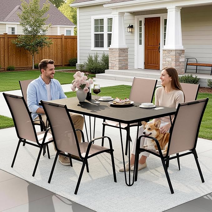 JEAREY Patio Dining Chairs Set of 6, Outdoor Stackable Dining Furniture Set, All Weather Dining Set for Lawn, Garden, Backyard, Poolside, Brown