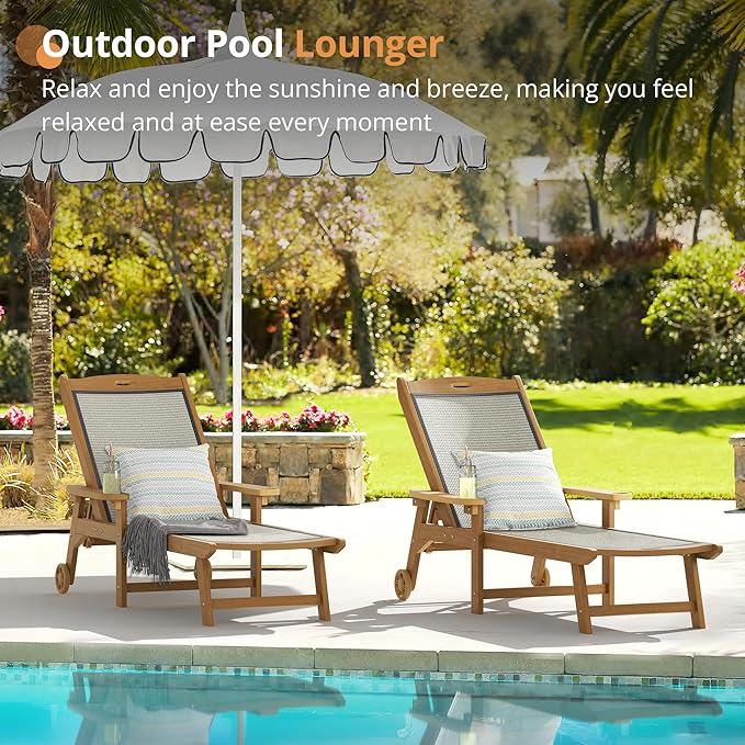 LUE BONA Chaise Lounge Chair Outdoor Set of 4, HDPS and HDPE Wicker Material, Patio Lounge Chair with Adjustable Backrest, Resin Pool Lounge Chairs with Wheels for Backyard, Poolside and Deck