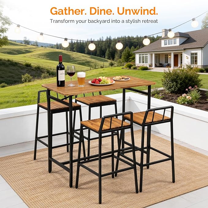 VINGLI 5 Pieces Outdoor Patio Bar Set, Acacia Wood Outdoor Dining Set Patio Table and Chairs Set for Porch Poolside Backyard Garden Balcony