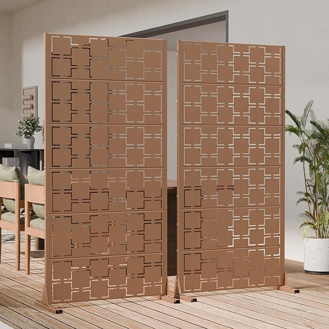 Casaphoria Metal Privacy Screen Outdoor, 72" H x 35" W Freestanding Decorative Privacy Screen for Patio Deck Balcony Garden with Stable Base, Brown-Square